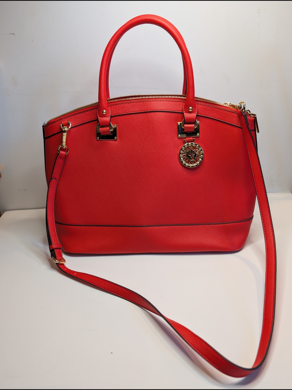 Anne Klein Red Satchel W/Top Handle Zip & Gold Hardware & Detachable Strap